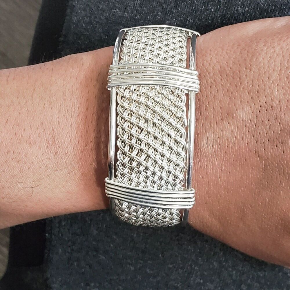 Handwoven 25mm Wide Textile Weave Sterling Silver Bracelet 42 Grams